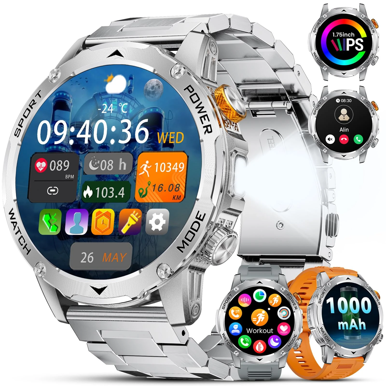 Smart Watch for Men with 1000 mAh Battery/3 Bands/Flashlight,1.75'' HD Touchscreen Smart Watch with Call,IP68 Waterproof Fitness Tracker with Heart Rate,Sleep Monitor,100+ Sports Modes for iOS Android