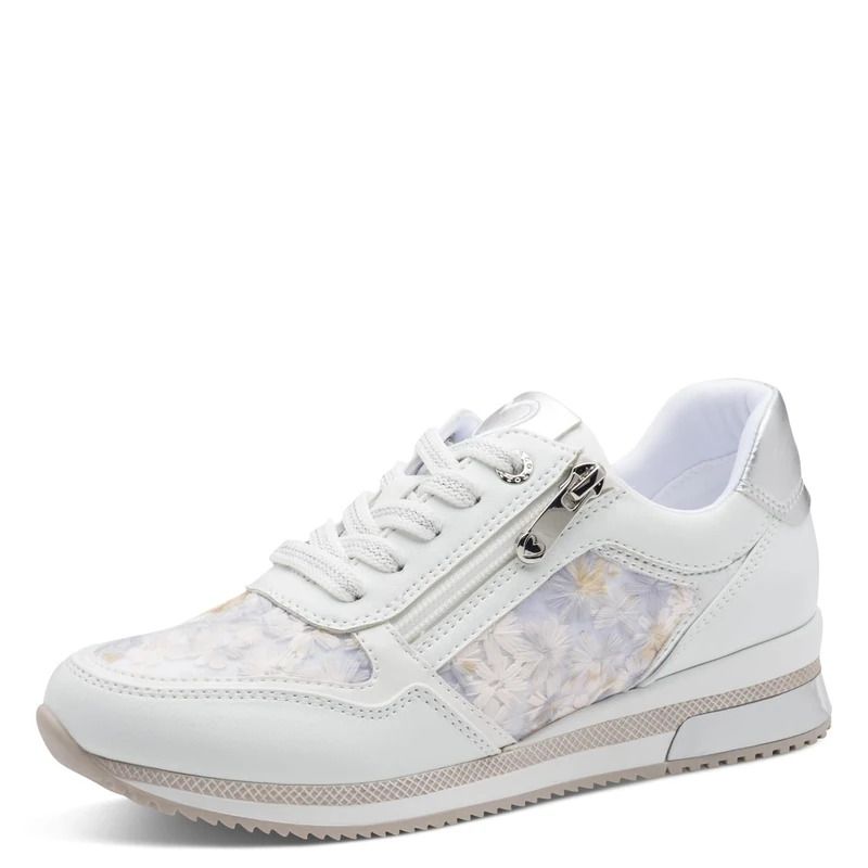 MARCO TOZZI Women's Sneaker Soft Feel Me Removable Footbed Leather Soft Lining Vegan Modern, White (White/Blue FLO), 7.5 UK