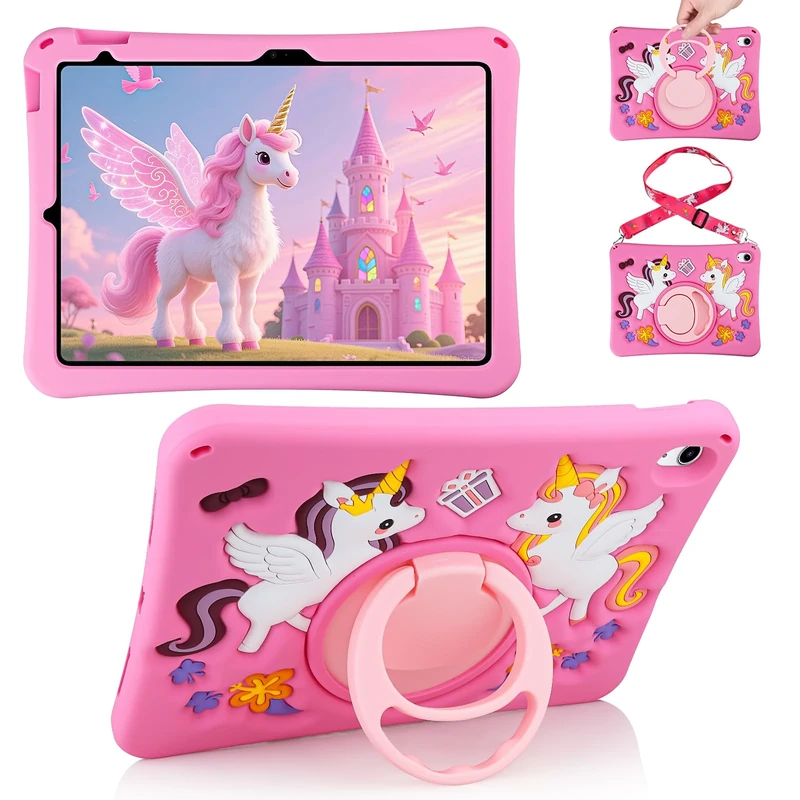 Vunake for iPad A16 Case 11th Generation 11 Inch 2025 for iPad 10th Generation Case 10.9 Inch 2022 for Kids Girls Cute Unicorn Soft Silicone Cover with 360°Rotating Stand & Shoulder Strap-Rose Pink