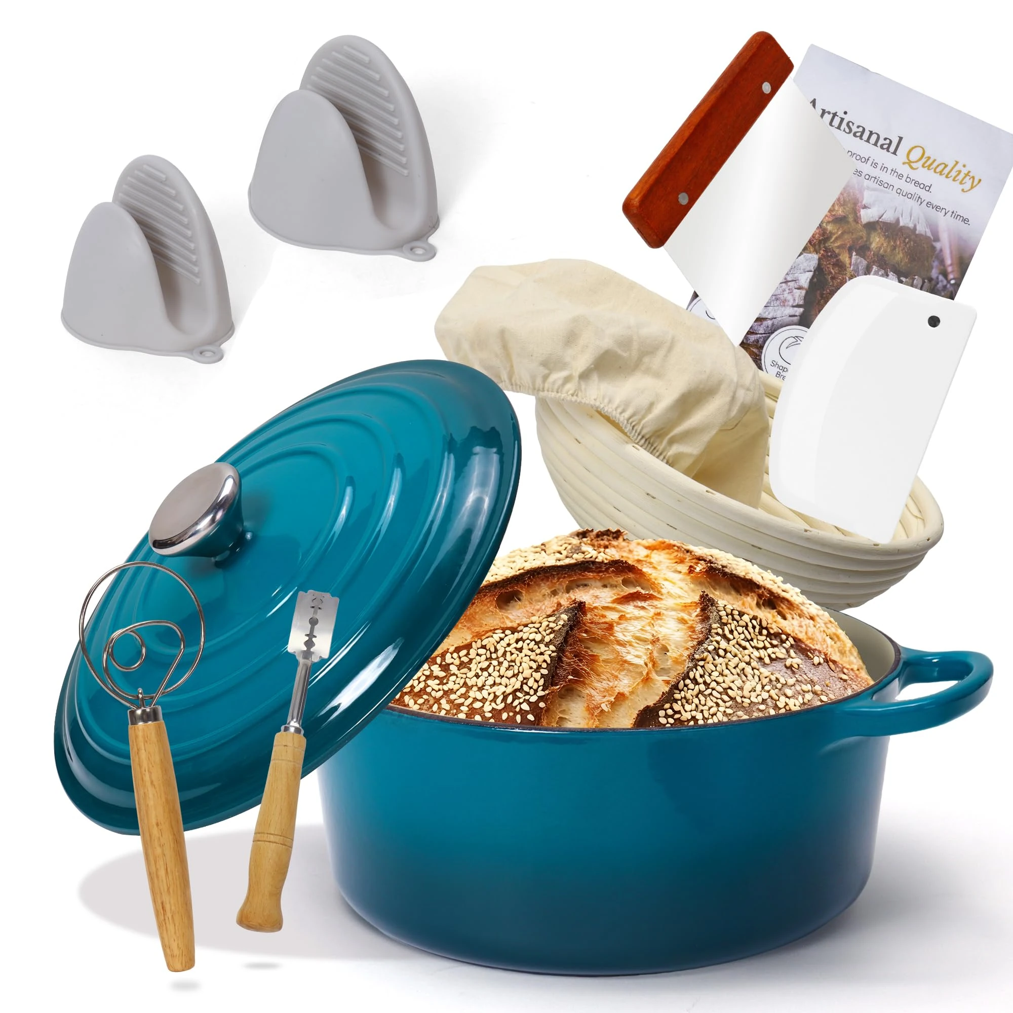 Enameled Cast Iron Dutch Oven with Proofing Basket, Non-Stick Ovenproof Casserole Pot, Teal Dutch Oven for Braising, Stews, Roasting & Bread Baking 5Litres-26cm
