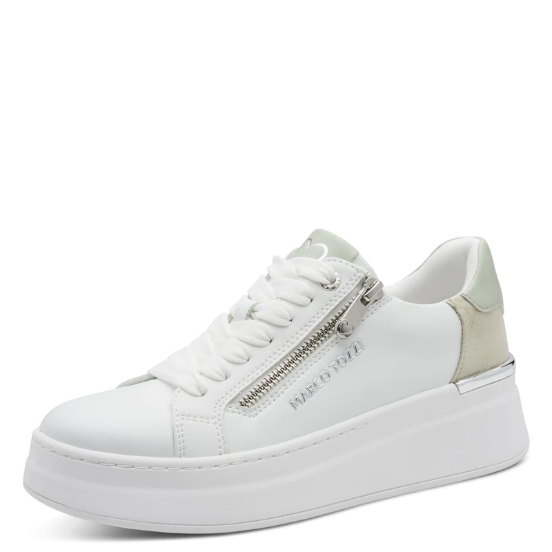 MARCO TOZZI Women's Sneaker Soft Feel Me Removable Footbed Soft Lining Modern, White (White/Matcha), 7 UK