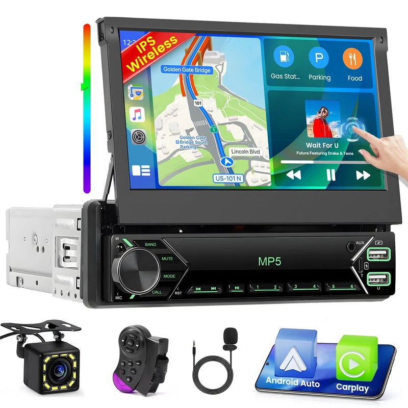 Wireless Carplay Single Din Car Radio Stereo with Android Auto, 7 inch Flip Out Touch Screen Car Radio 1 Din with Bluetooth EQ Mirror Link FM USB Type-C AUX Backup Camera