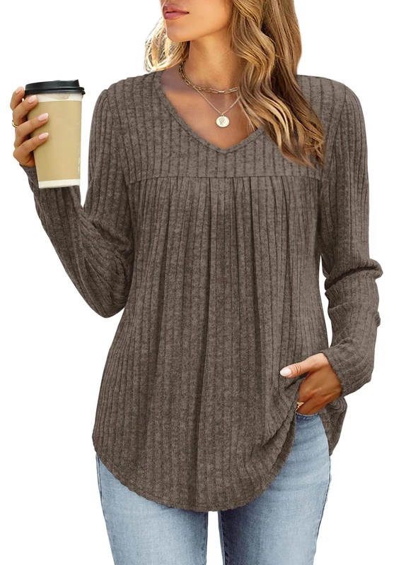 WIHOLL Women's Jumpers V Neck Long Sleeve Tops Ladies Tunic Tops Ribbed Knit Sweaters Lightweight Winter Jumpers Khaki M Size 10-12