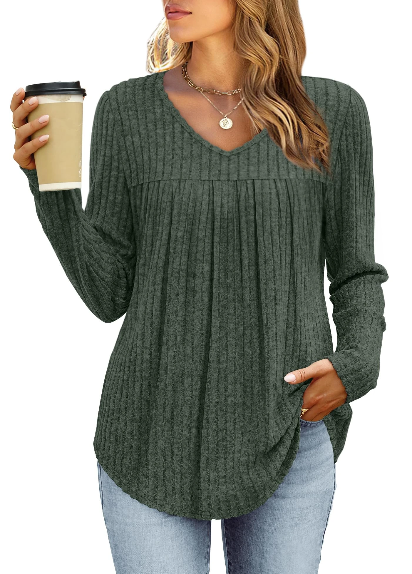 WIHOLL Women's Jumpers Ladies Long Sleeve V Neck Tops Curved Hem Tunic Womens Sweatshirt Casual Lightweight Loose Comfy Green M Size 10-12