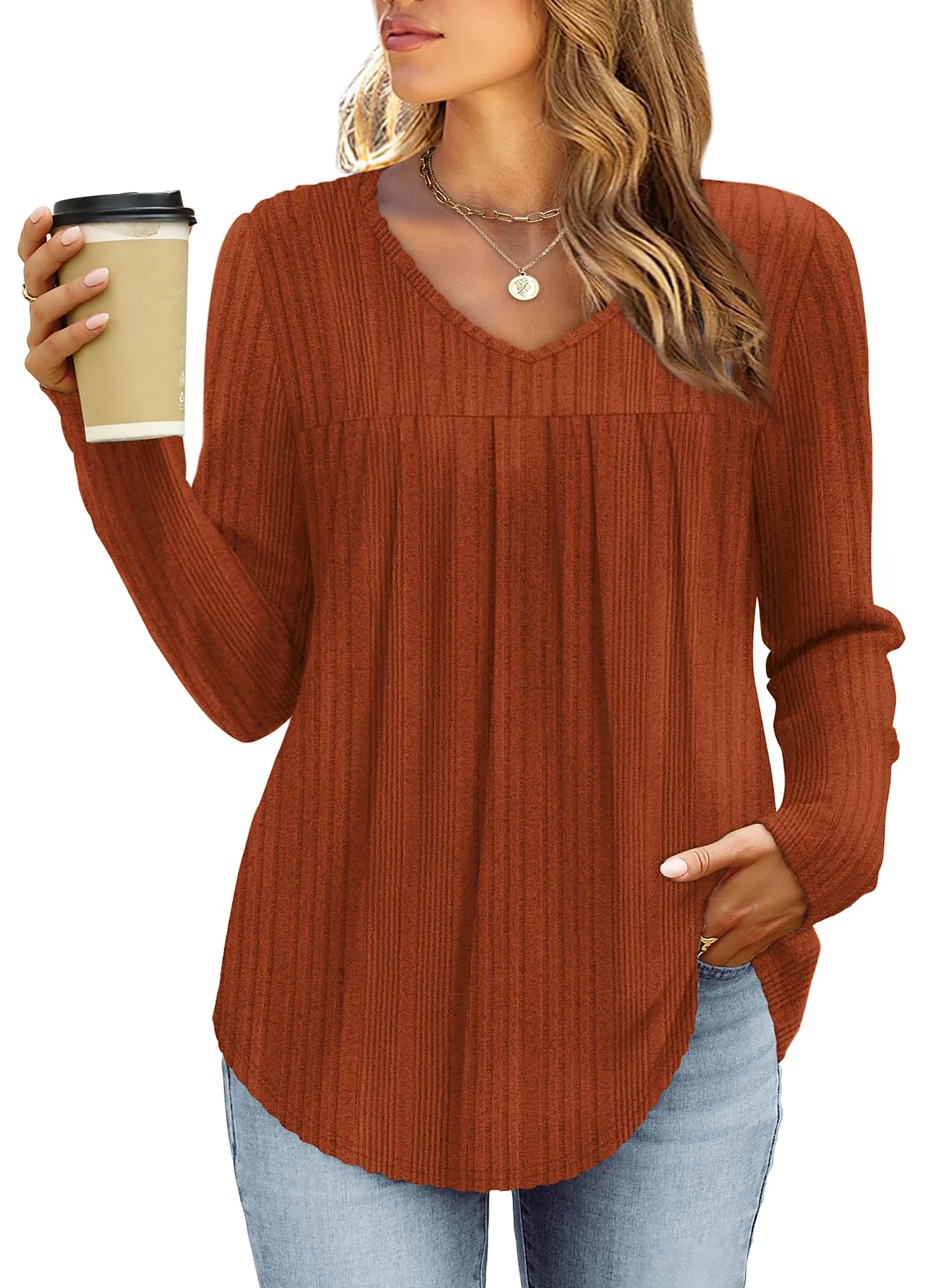 WIHOLL Jumpers for Women UK V Neck Long Sleeve Tops Ladies Tunic Ribbed Knit Sweaters Lightweight Loose Fit Caramel M Size 10-12