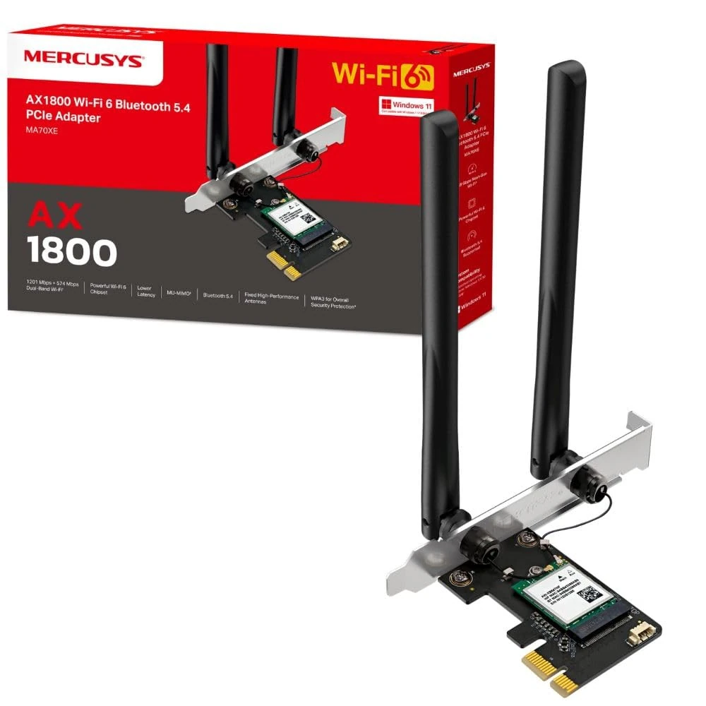 MERCUSYS MA70XE AX1800Mbps Dual-Band Wi-Fi 6 WiFi Card, Network PCIe WiFi Adapter, Bluetooth 5.4, Wide Coverage, Lower Latency, MU-MIMO, WPA3 Enhanced Security, Supports Windows 10, 11 (64 bit)