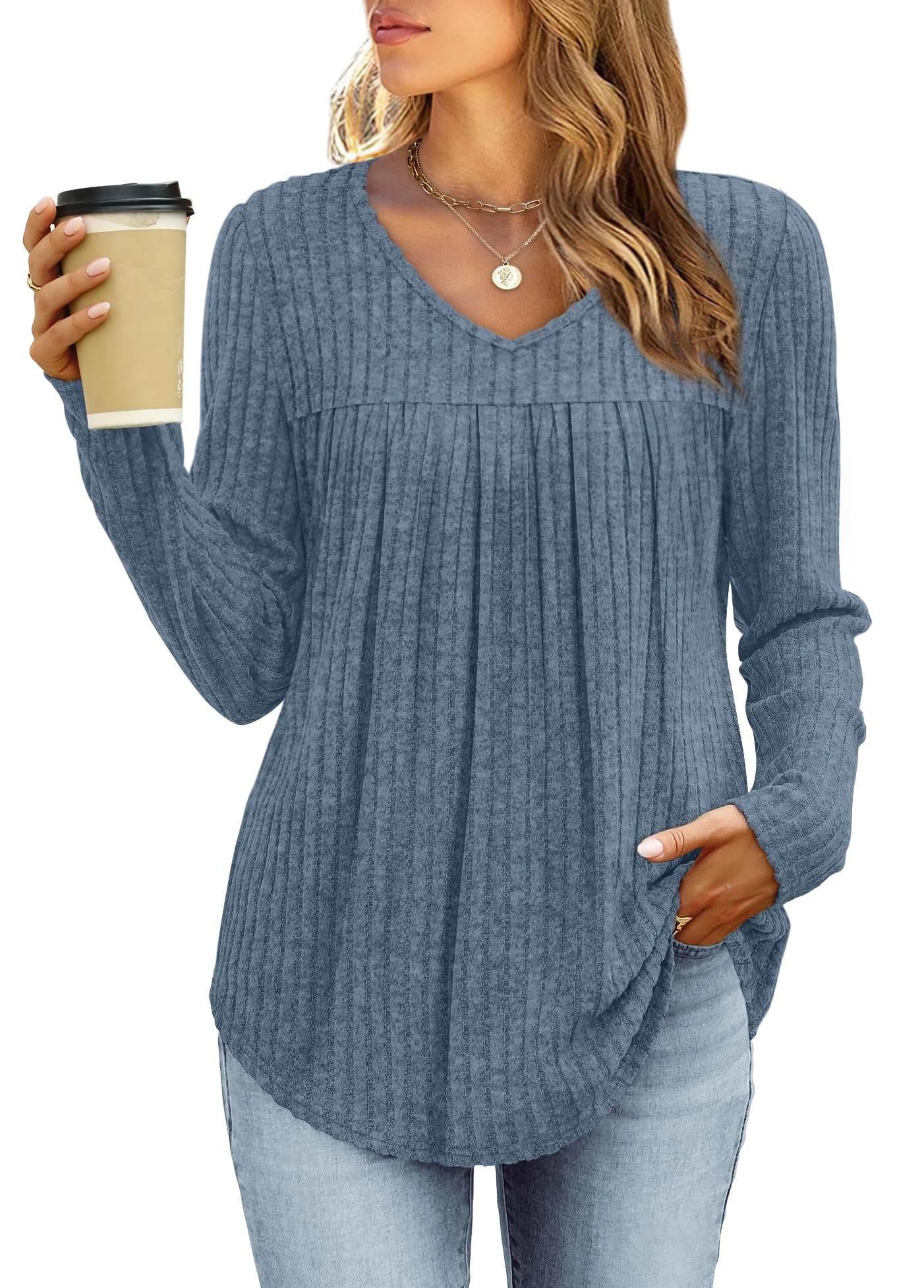 WIHOLL Women's Jumpers Ladies Long Sleeve Tops Womens Tunic Sweatshirt Casual Lightweight Comfy Blue M Size 10-12