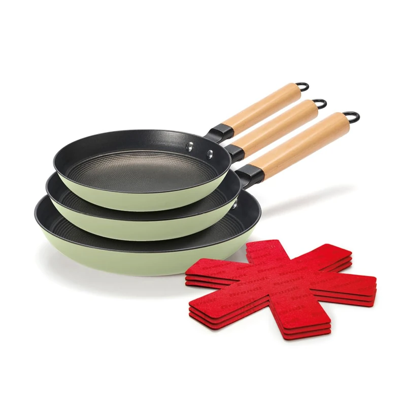 Qdesign Set of 3 Ultra-Light cast Iron Pans with Honeycomb Structure, Wooden Handle + 3 pan Protectors, Extra Scratch-Resistant Non-Stick Coating Without PFOA - All Types of cookers Including