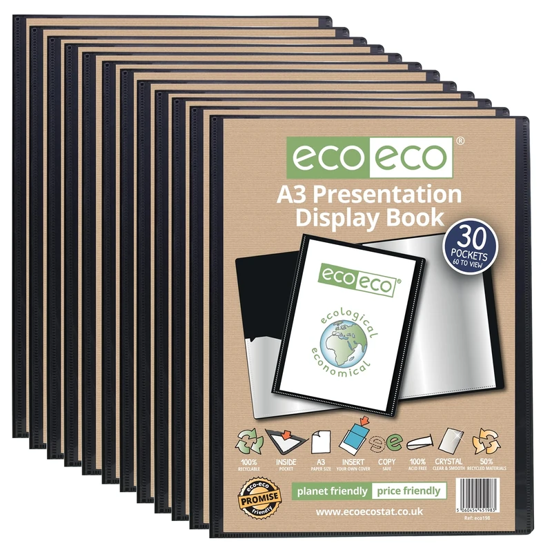 eco-eco A3 Size 50% Recycled 30 Pocket Black Presentation Display Book, Storage Case Portfolio Art Folder with Plastic Sleeves, Pack of 12, eco198x12