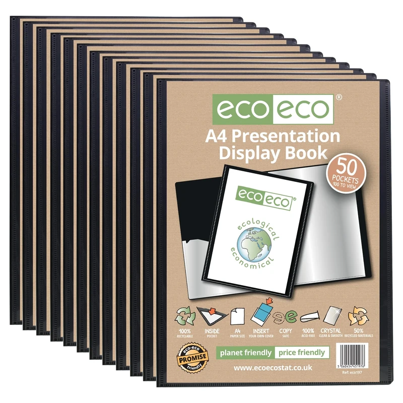 eco-eco A4 Size 50% Recycled 50 Pocket Black Presentation Display Book, Storage Case Portfolio Art Folder with Plastic Sleeves, Pack of 12, eco197x12
