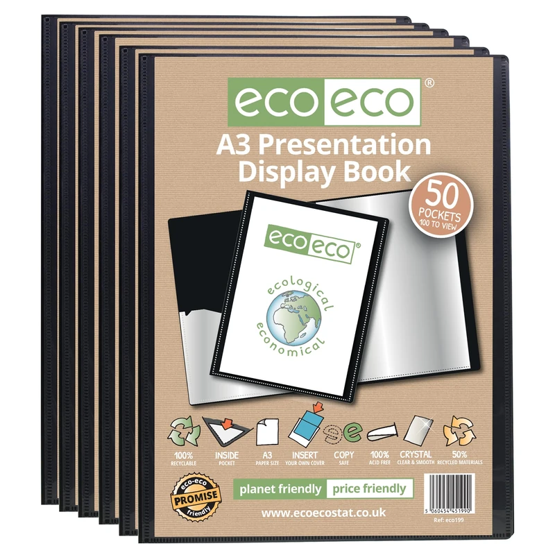 eco-eco A3 Size 50% Recycled 50 Pocket Black Presentation Display Book, Storage Case Portfolio Art Folder with Plastic Sleeves, Pack of 6, eco199x6