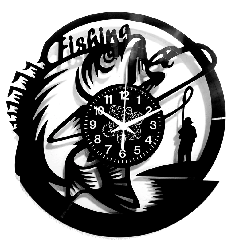 Instant Karma Clocks | Fishing Wall Clock with Fisherman and Big Catch Silhouette – Wall Decoration – Home Office Silent Non-Ticking