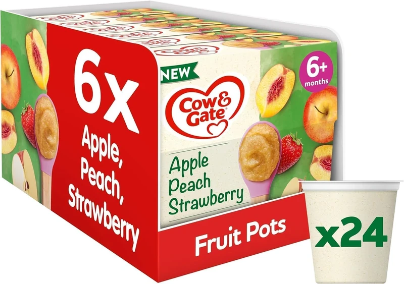 Cow & Gate Baby Food - Apple Peach & Strawberry - Baby, Toddler and Kids Snacks - Fruit Pot Multipack - 6+ Months - 4x100g (24 Pots)