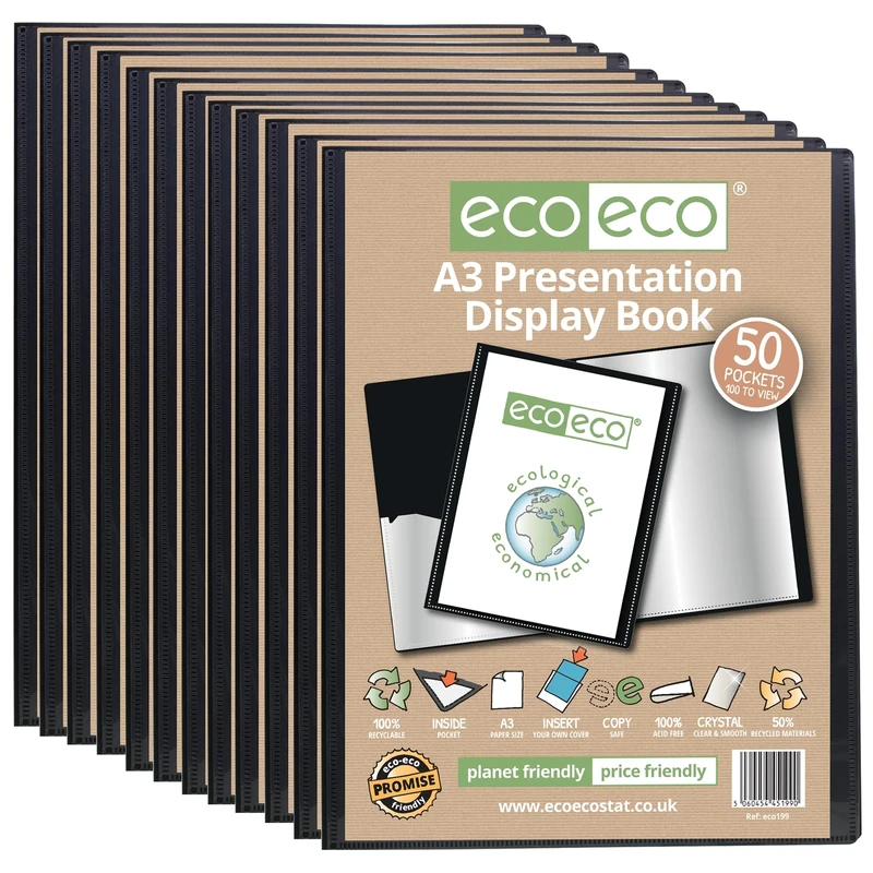 eco-eco A3 Size 50% Recycled 50 Pocket Black Presentation Display Book, Storage Case Portfolio Art Folder with Plastic Sleeves, Pack of 12, eco199x12