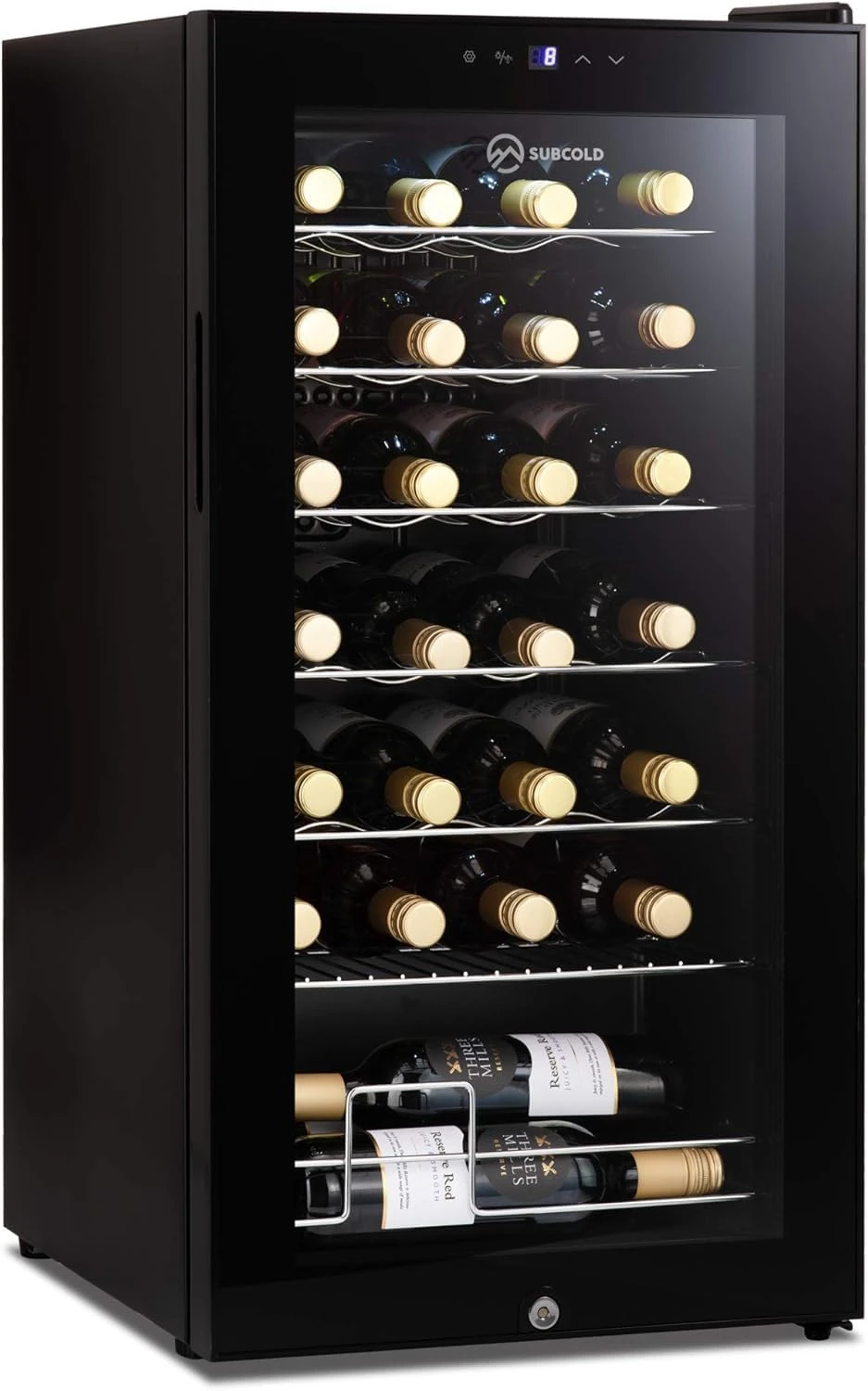 Subcold Viva28 LED – Under-Counter Wine Fridge Black | 3-18°C | Wine Cooler | LED + Lock & Key | Glass Door Drinks Cellar | Single-Zone (28 Bottle)