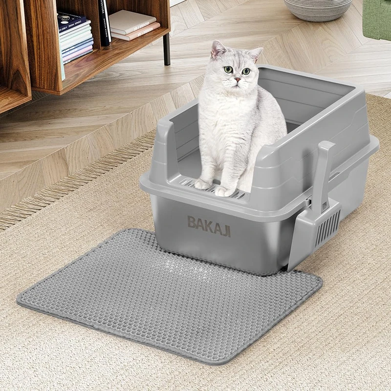 BAKAJI XL Open Cat Litter Tray with Steel Base with Anti Sand Edge, Scoop for Collection, Anti-Dirt Mat, Non-Slip Base, Capacity 25 Litres, Grey, 50 x 35 x 30 cm