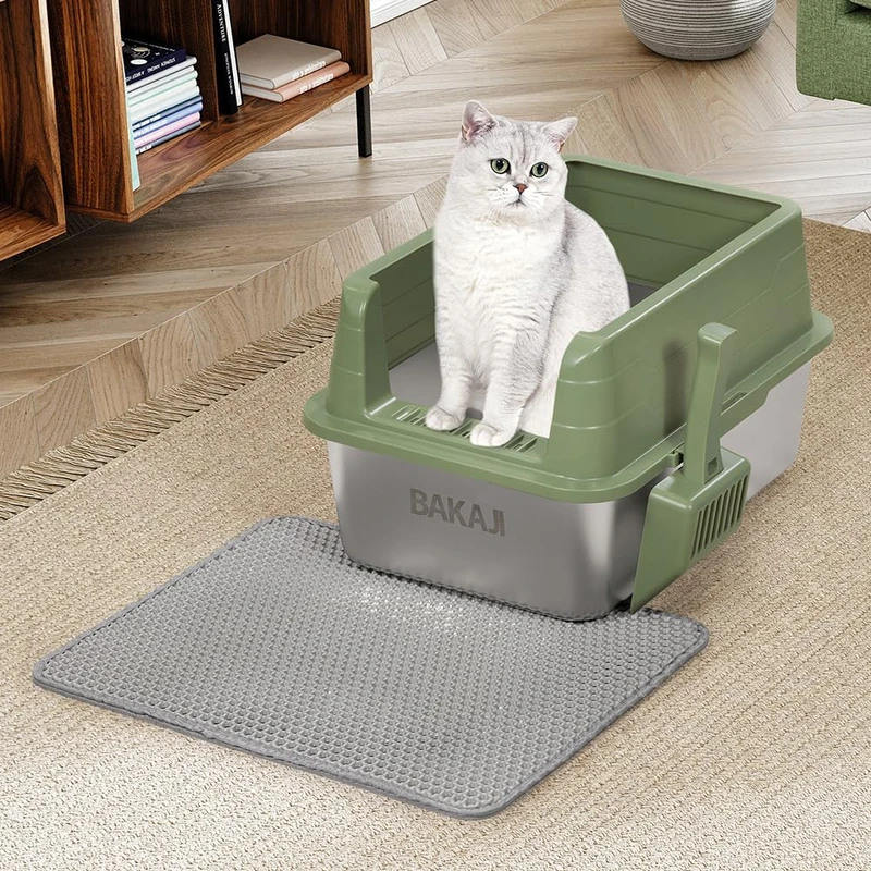 BAKAJI XL Open Cat Litter Tray with Steel Base with Anti Sand Bag, Scoop for Collection, Anti-Dirt Mat, Non-Slip Base, Capacity 25 Litres, Green, 50 x 35 x 30 cm