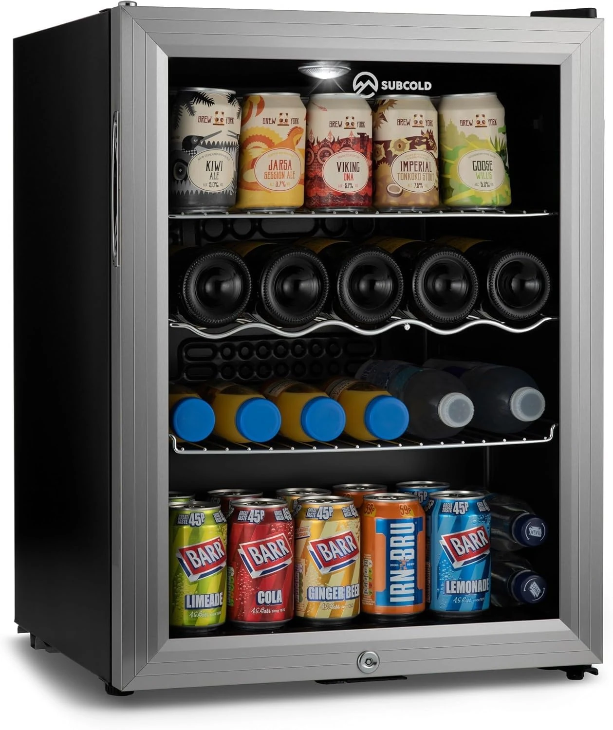 Subcold Super65 LED - Table-Top Fridge | 65L Beer, Wine and Drinks Fridge | LED Light + Lock and Key | Energy Efficient (Silver)