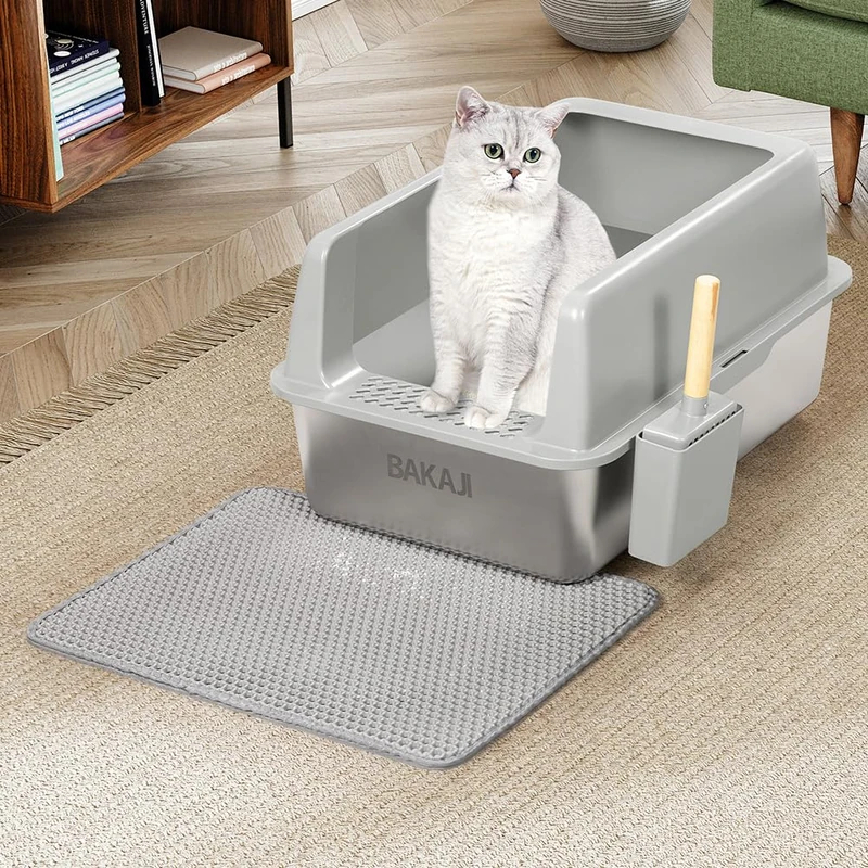 BAKAJI XXL Open Cat Litter Tray with Steel Base and Anti Sand Edge, Scoop and Container, Anti-Dirt Mat, Non-Slip Base, Capacity 35 L, Grey, 60 x 40 x 30 cm