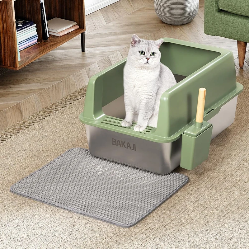 BAKAJI XXL Open Green Cat Litter Tray with Steel Base with Anti Sand Edge, Scoop for Collection and Container, Anti-Dirt Mat, Non-Slip Base, Capacity 35 L, 60 x 40 x 30 cm