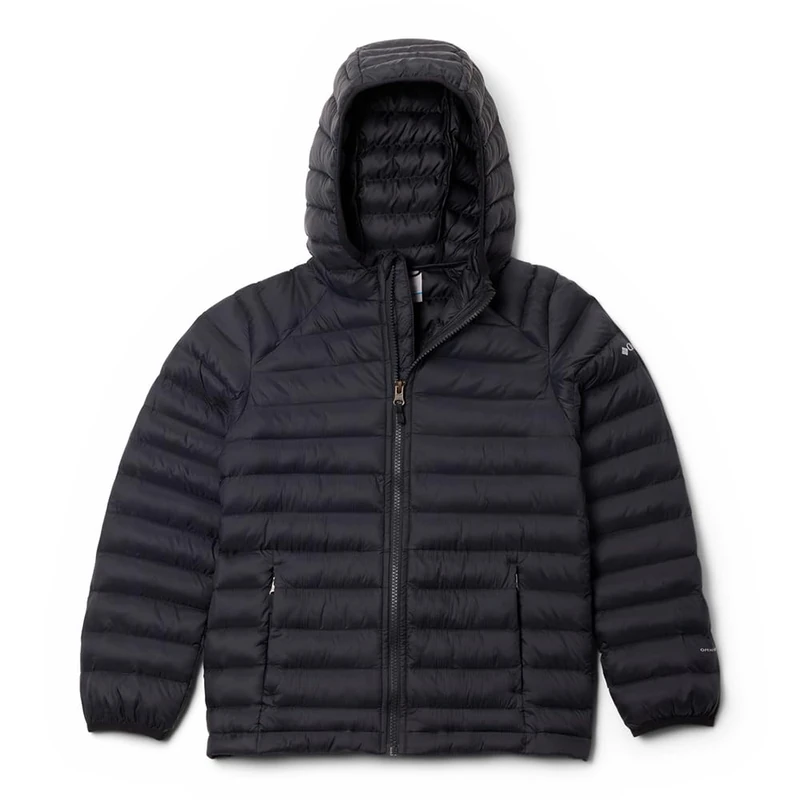 Columbia Youth Powder Pass Hooded Jacket, Hooded Puffer Jacket, Black, Large