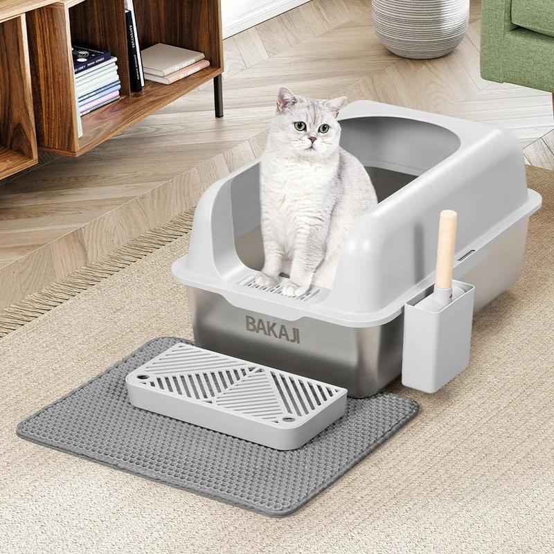 BAKAJI XXL Cat Litter Tray with Steel Base with Edge and Anti Sand Platform, Scoop for Collection with Container and Anti-Dirt Mat, Non-Slip Base, Capacity 35 Litres, 60 x 40 x 30 cm