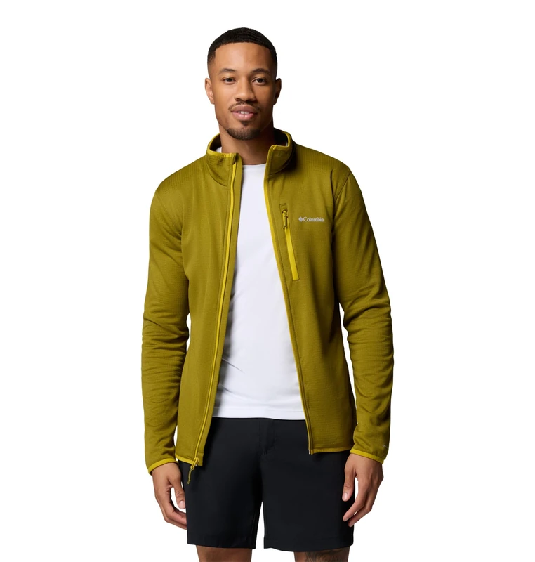 Columbia Men's Essential Hike Grid Fleece Full Zip, Full Zip Fleece Jacket, Mossy Green/Antique Moss, X-Small