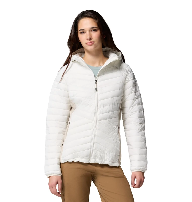 Columbia Women's Powder Pass 3 Hybrid Hooded Jacket, Hooded Puffer Jacket, Sea Salt/Dark Stone, Small