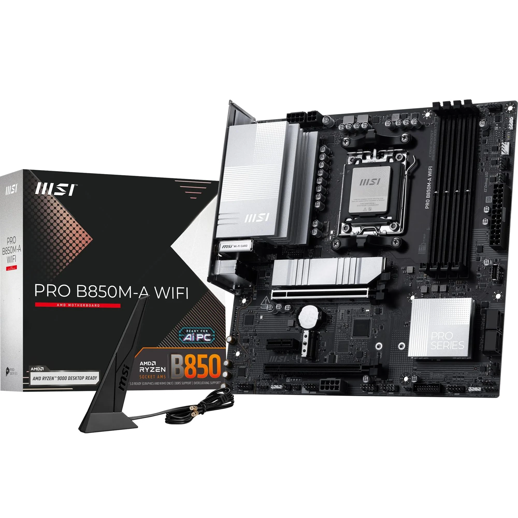 MSI PRO B850M-A WiFi Motherboard, mATX - Supports AMD Ryzen 9000/8000 / 7000 Processors, AM5 - DDR5 Memory Boost (8200+ MT/s OC), PCIe 5.0 x16 & 4.0 x4, M.2 Gen5, Wi-Fi 7, 5G LAN