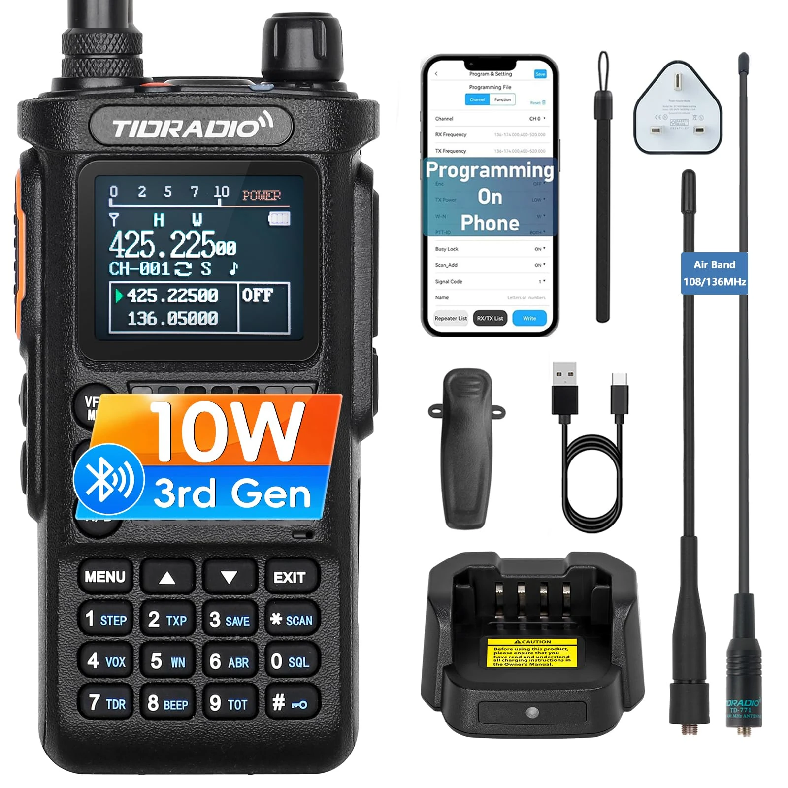 (3rd Gen) TIDRADIO TD-H8 Ham Radio,10W Walkie Talkies, Bluetooth APP Programming, Airband Two Way Radio Handheld Transceiver 2500mAh Batteries, Amateur Radio Long Range for Adults-Black,1Pack