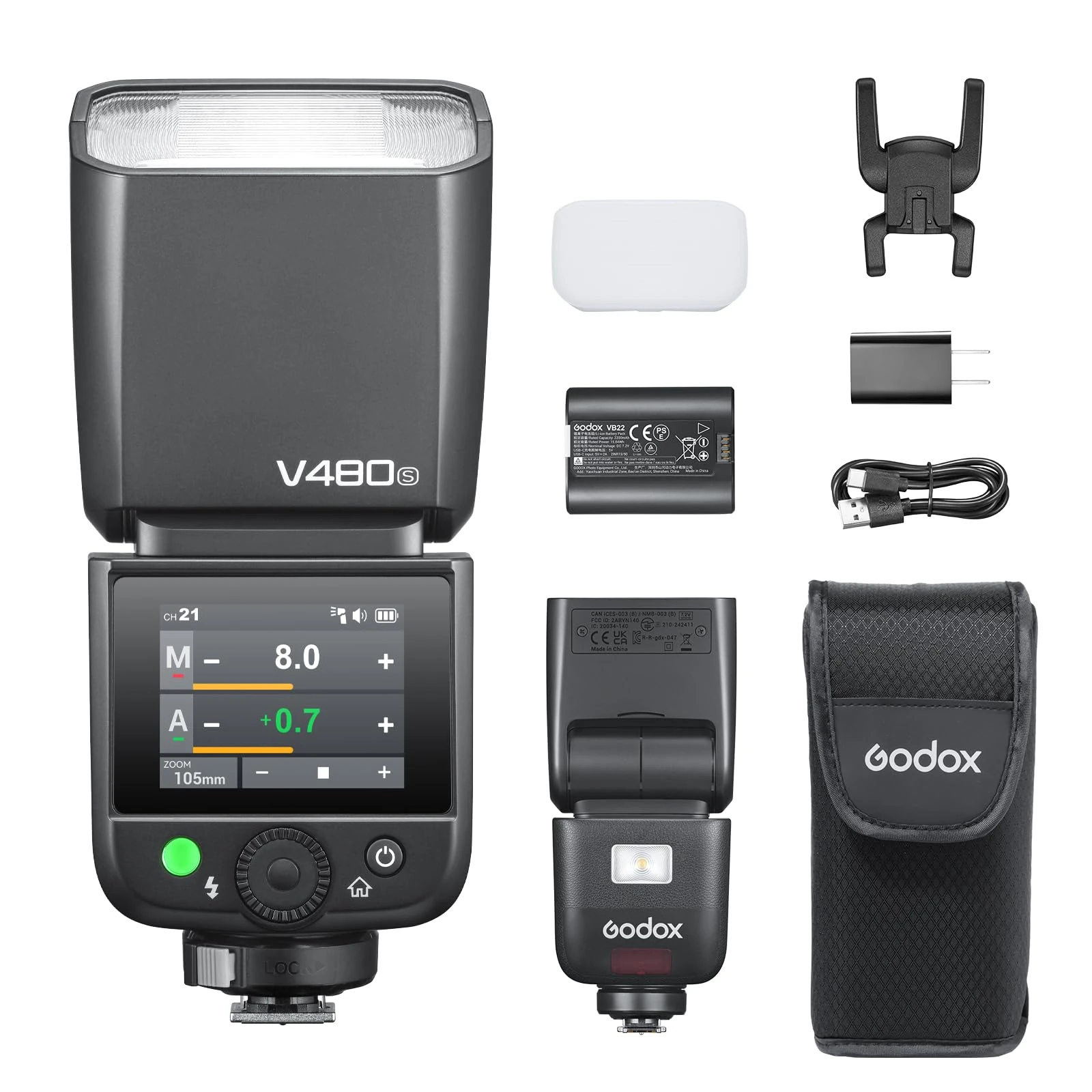 Godox V480-S Camera Flash for Sony, GN50 High Output, Touchscreen Control, USB-C Charging, 1.7s Fast Recycle Time, 650 Full-Power Flashes, 2.4G X Wireless 1/8000s HSS TTL Flash Speedlite