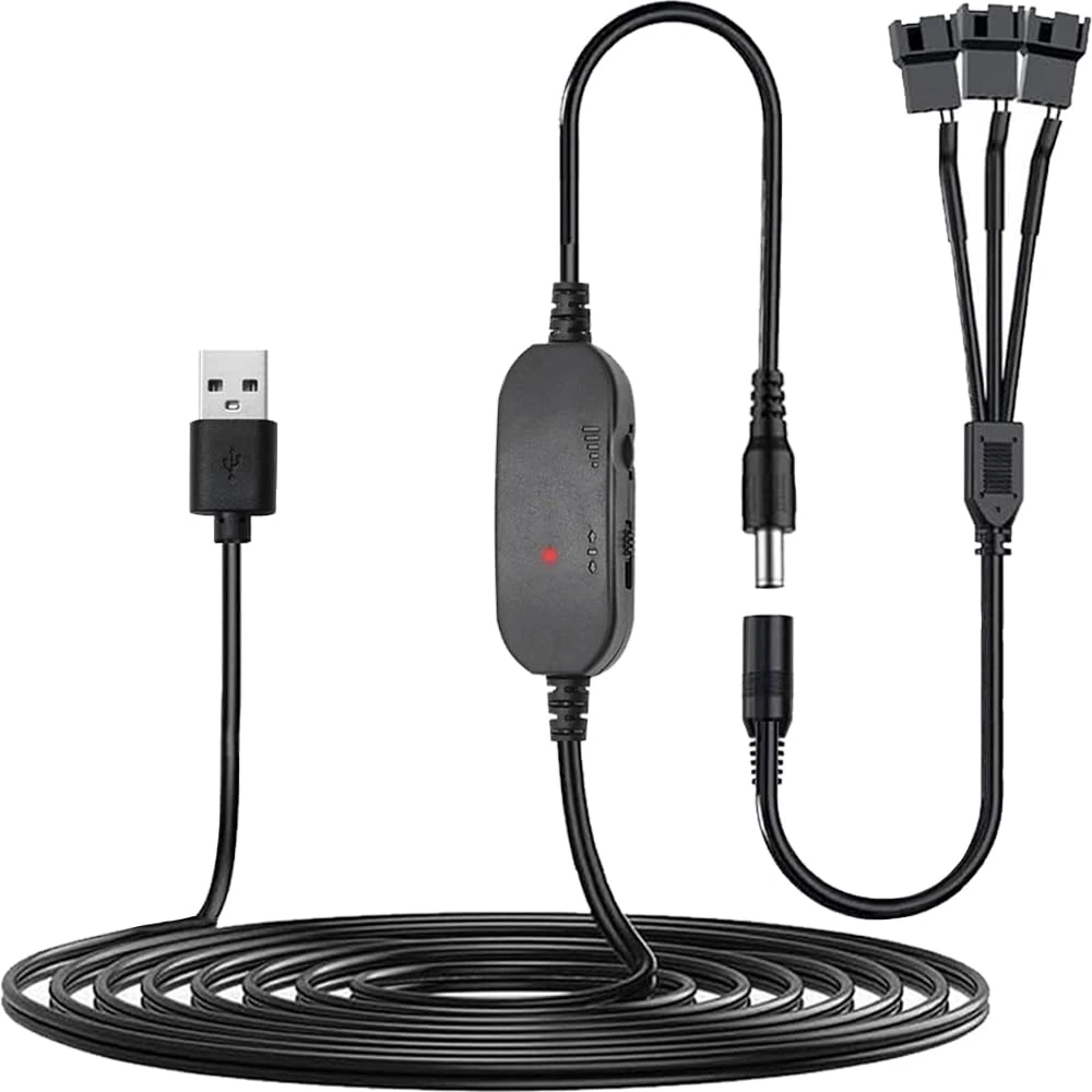 Xiatiaosann 8W 12V PC Cooling Fan Speed USB to DC Controller, USB 5V Step UP Boost to DC 12V Fan Power Adapter Adjustable Cable with 3/4 Pin Fan Connector Splitter Cable (1.15M/45inch)