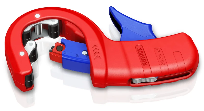 KNIPEX DPT50 Pipe Cutter for Thick-Walled Plastic Pipes, Also Foam-core Cutting and chamfering in one Step in Blister with Plastic, 90 23 02 BK