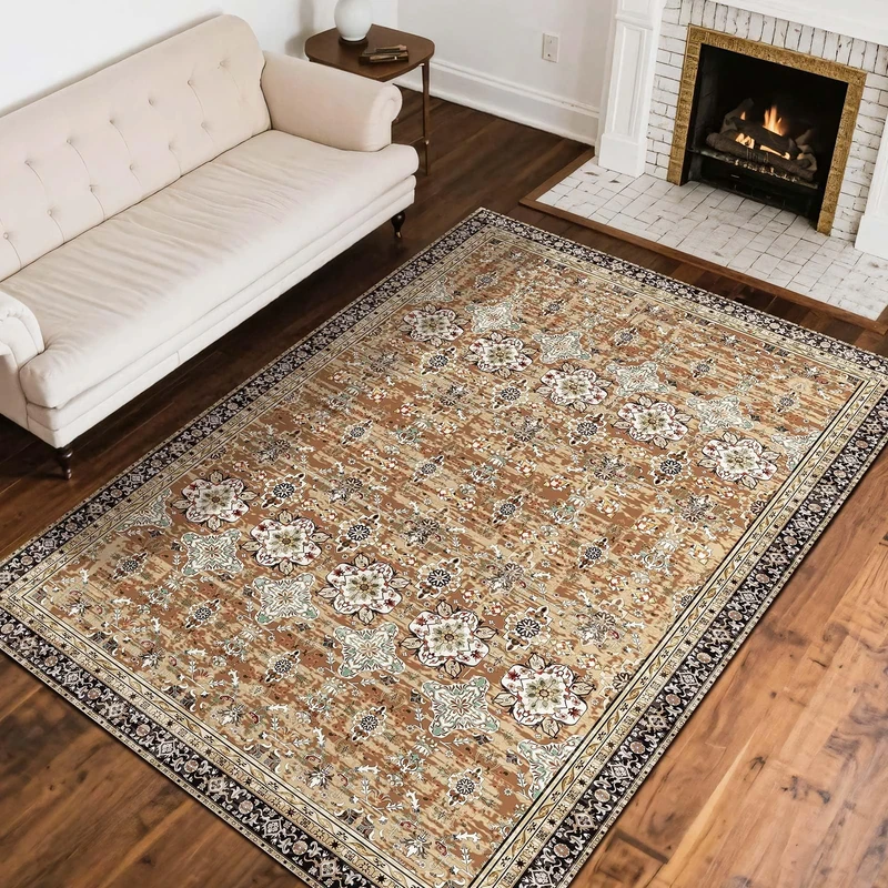 VEVOR Area Rug, 8 x 10 ft Large Washable Rug, Non-Slip and Tear-Resistant Soft Carpet, Pet & Child Friendly Vintage Area Rugs, Indoor Mat for Bedroom, Living Room, Kids Room, Office, Brown Green