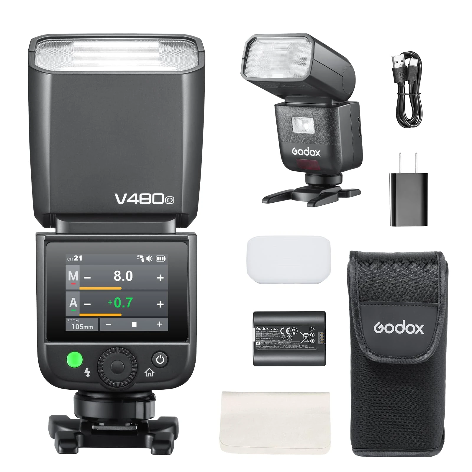 Godox V480-O Camera Flash for Olympus Panasonic, GN50 High Output, Touchscreen Control, USB-C Charging, 1.7s Fast Recycle Time, 650 Full-Power Flashes, 2.4G X Wireless 1/8000s HSS TTL Flash Speedlite