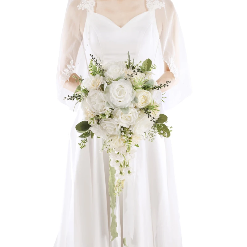 Floinla 12 Inch Cascade Wedding Bouquets for Bride, Ivory & Champagne