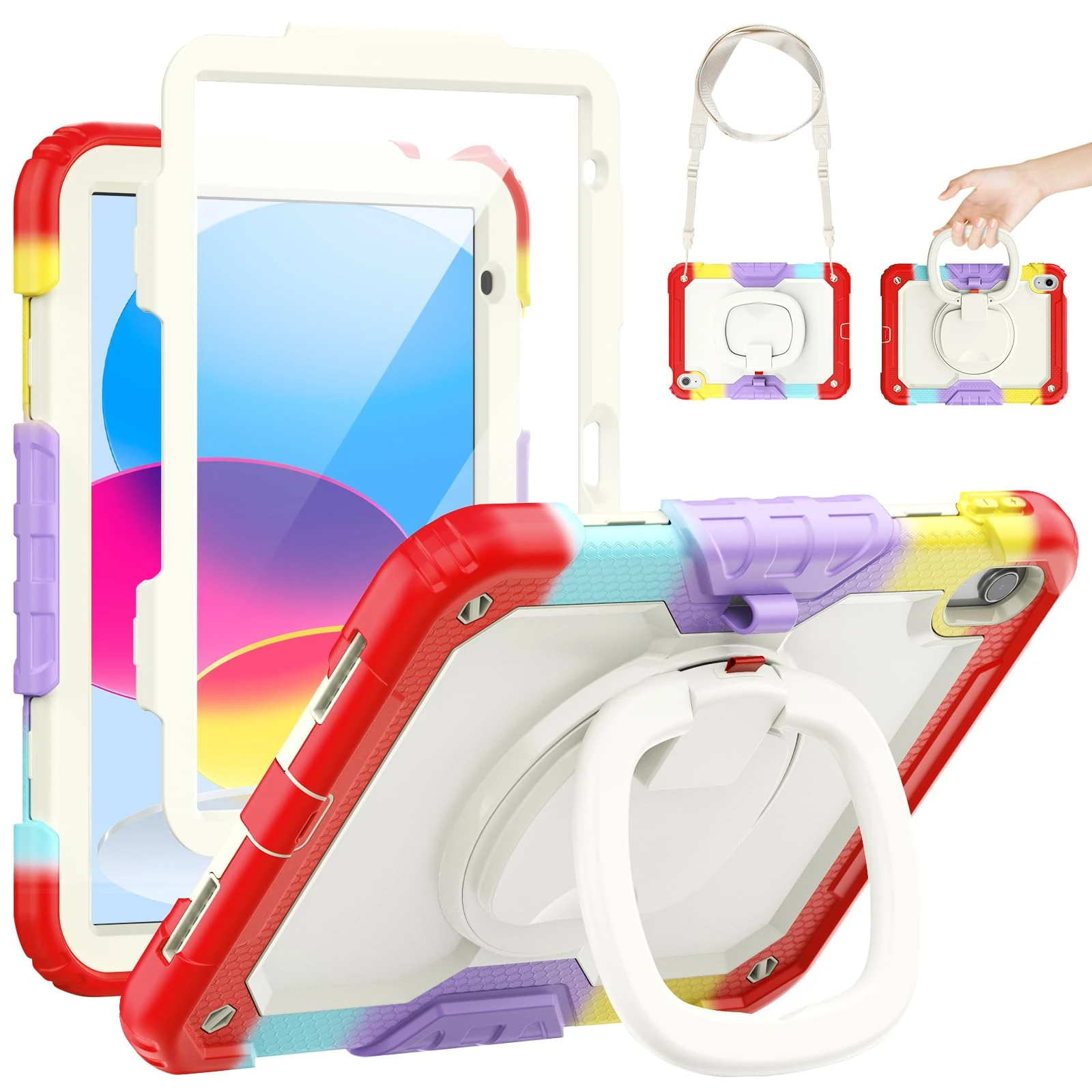 SEYMCY Kids Case for iPad (A16) 11th/10th Generation 11/10.9 inch 2025/2022, Full-body Shockproof with Screen Protector, 360° Rotating Handle Stand, Carrying Strap, Pencil Holder for iPad 11/10, Red