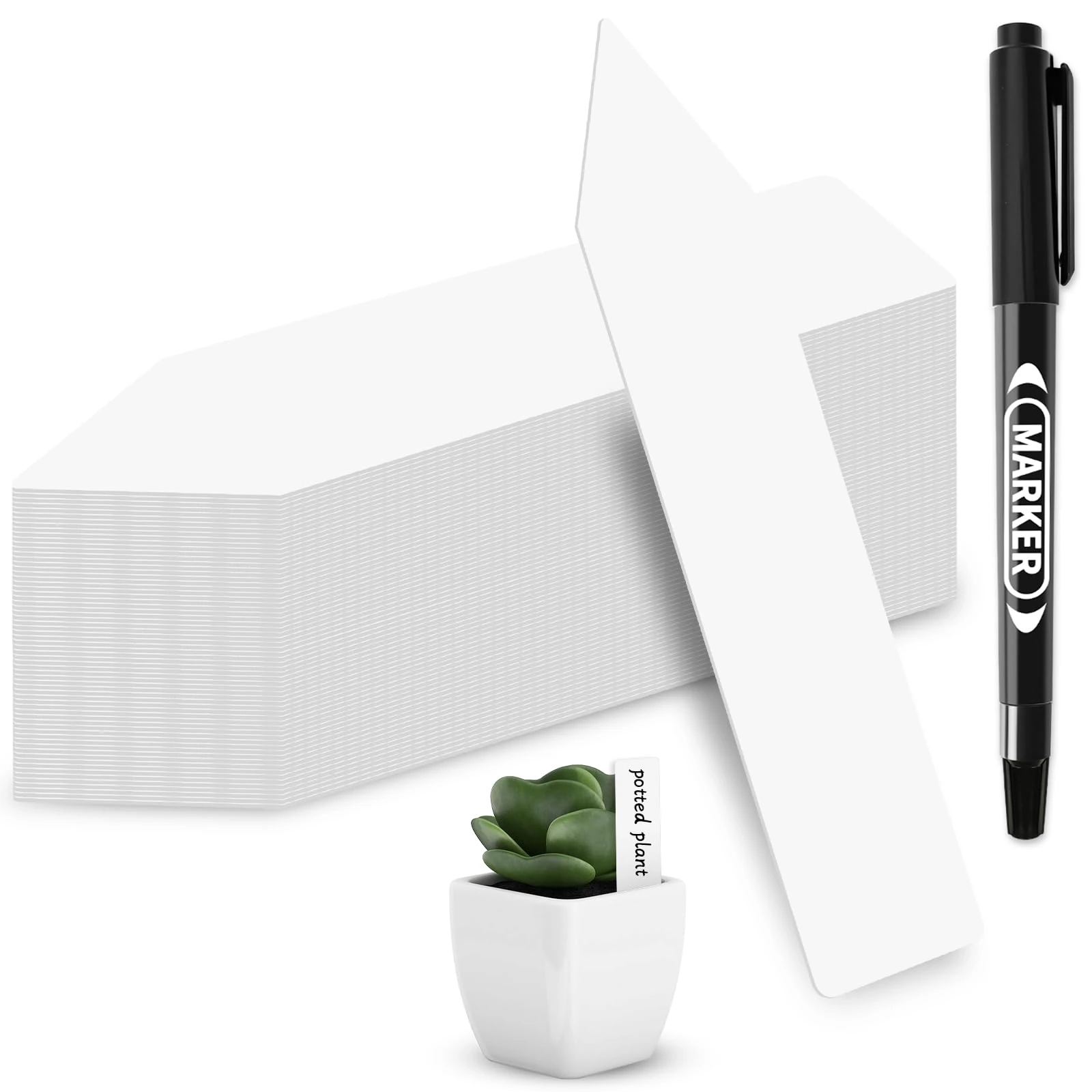 MOXYOY 110 Pcs White Plastic Plant Labels & Markers,10 CM Reusable Plants Name Tags,Plant Label and Pen for Outdoor Plants,Garden Labels,for Herb, Seed, Flower, Potted Plants (Pointed)