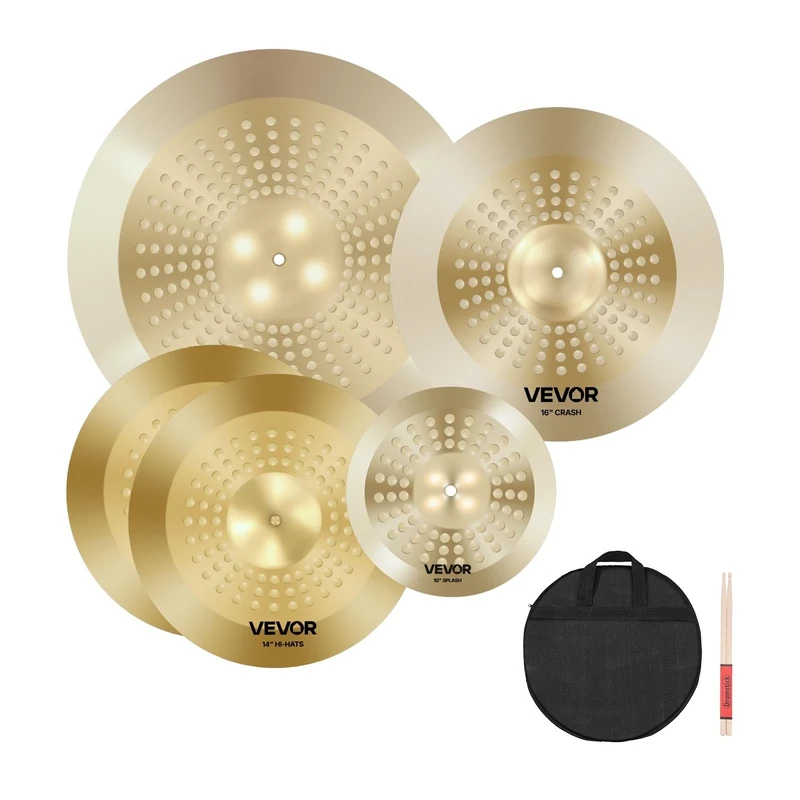 VEVOR Cymbal Pack, 4 Pieces Cymbals for Drum Set, Alloy Cymbals Drum Set Includes 14-inch Hi-Hats, 16-inch Crash, 20-inch Ride, 10-inch Splash, Drumsticks & Cymbal Bag, Pack for Drummer