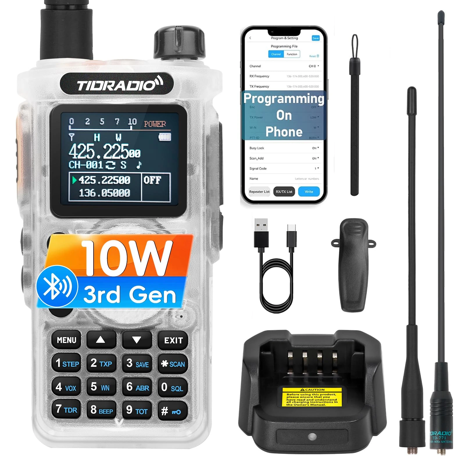 TIDRADIO TD-H8 10W Ham Radio,Bluetooth Programming,Dual Band 144MHz-146MHz VHF/430MHz-440MHz UHF Walkie Talkies for Adults Long Range,Two Way Radio 199CH VOX FM for for In&Outdoor-Crystal, 1 Pack