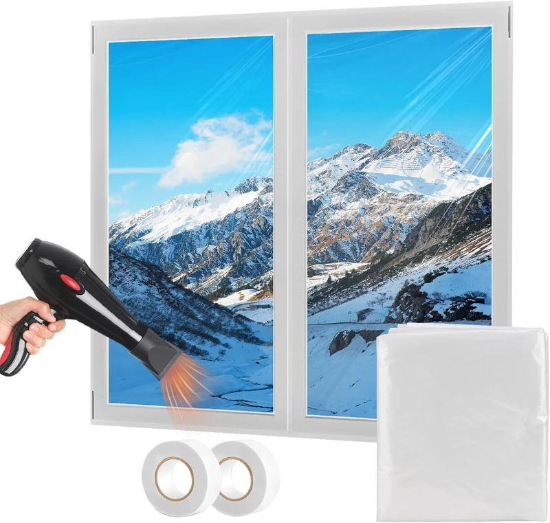 Pobuu 1.6m x 10m Window Insulation Kit, Plastic Clear Film, Tear Resistant Heat Shrink Window Film with Double-Side Tape for Winterizing and Keeping Cold Out