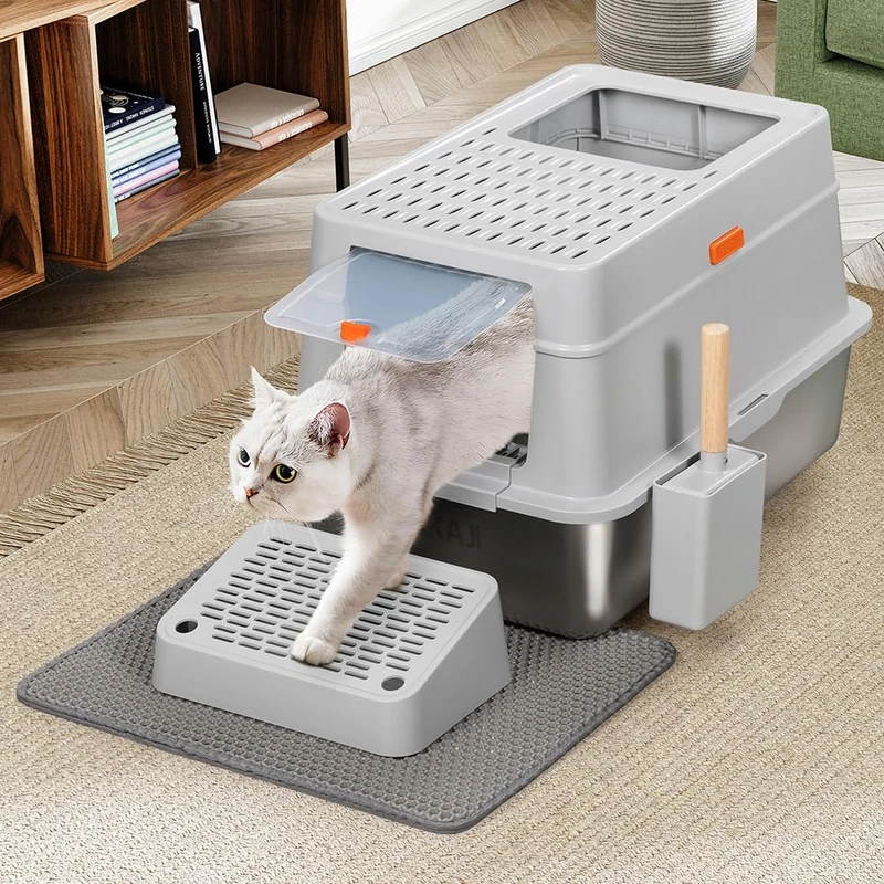 BAKAJI XXL Cat Litter Tray with Steel Base and Lockable Door, Anti Sand Platform, Collection Scoop with Container and Anti-Dirt Mat, Capacity 35 Litres, 60 x 40 x 38.5 cm