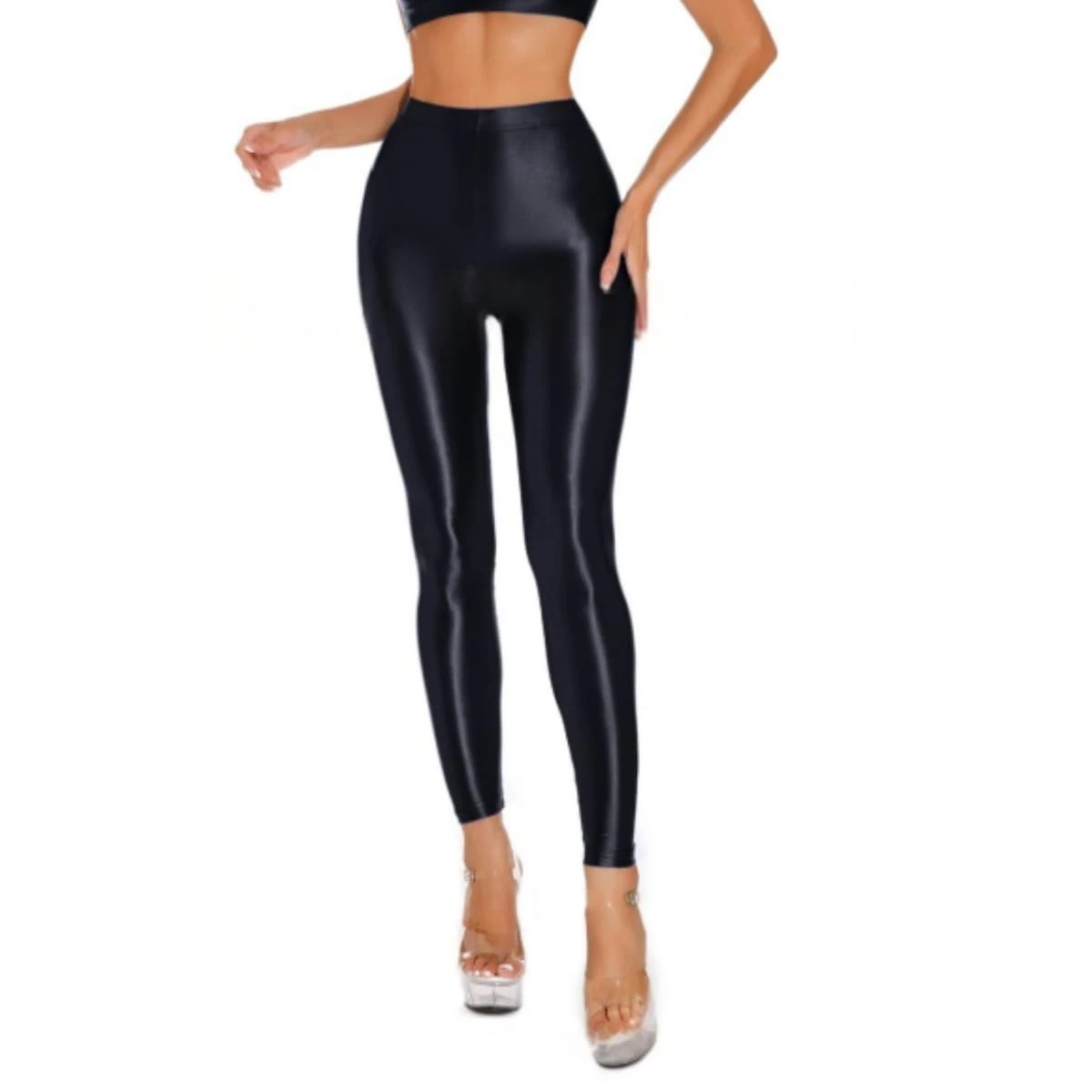 Women's Shiny Leggings, High Waist Tummy Control Glossy Yoga Sports Pants, Stretchy Foil Metallic Spandex Tights for 80s Disco, Slim Fit Solid Full Length Trousers for Dancewear Nightclub Rave Party