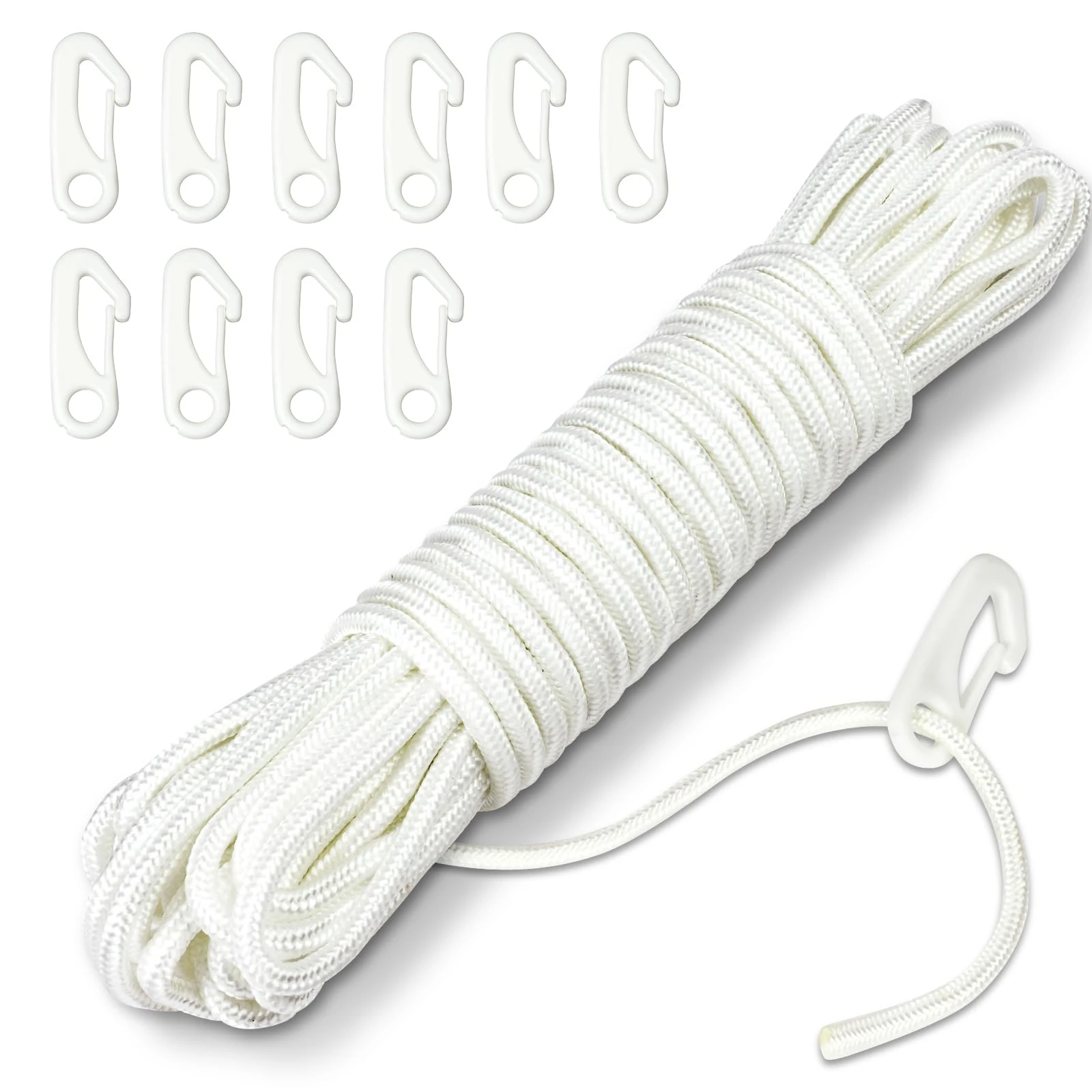 Adiwo 15M Flag Pole Rope with 10 PCS Flag Pole Clips, 6MM Thick Nylon Flag Rope, White Flag Line, Flag Pole Halyard Rope Kit for Outdoor, Swing, Garden, Camping(White)