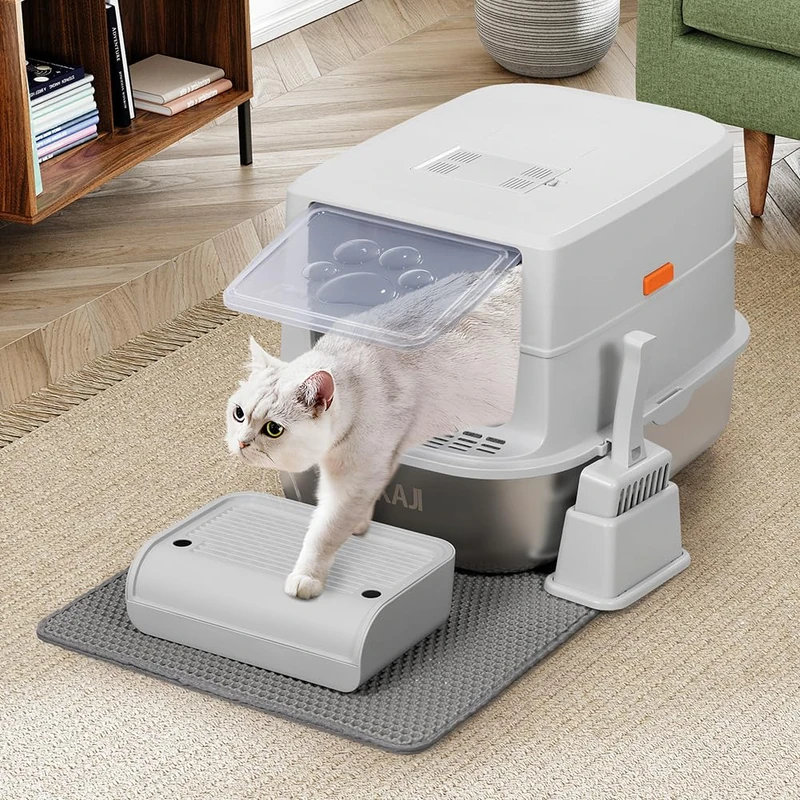 BAKAJI XXL Cat Litter Tray with Steel Base 36 Litres and Anti-Sand Platform, Carbon Filter Anti Odor, Transparent Door, Scoop with Container, Anti-Dirt Mat, 58 x 42 x 40 cm