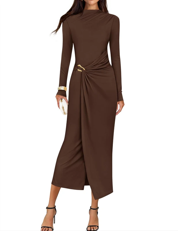 ZESICA Women's 2025 Fall Long Sleeve Bodycon Dress Mock Neck Party Cocktail Wedding Guest Long Midi Dresses, Brown, M