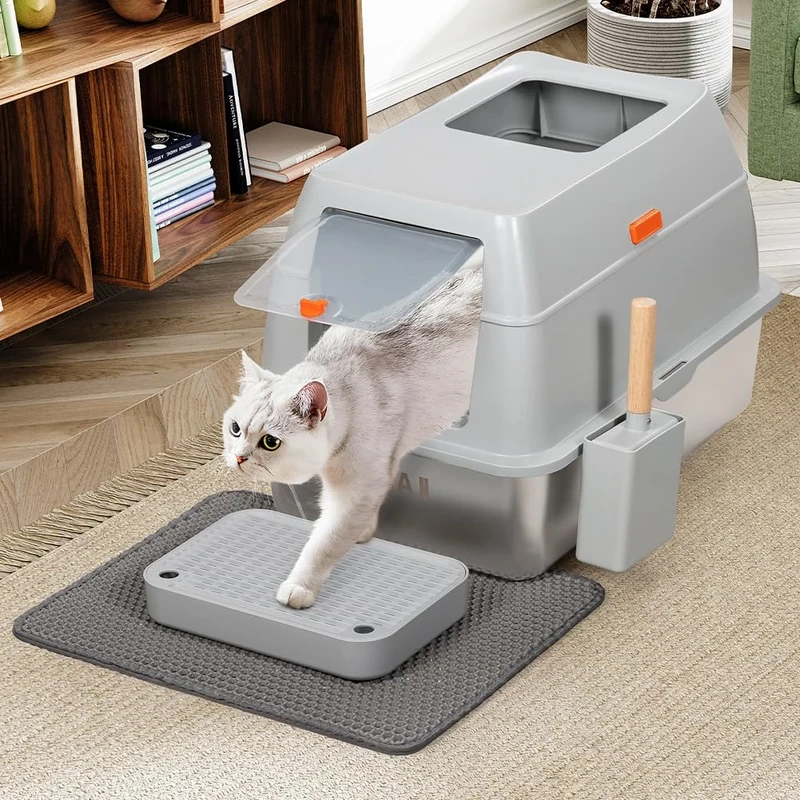 BAKAJI XXL Cat Litter Tray with 35 Litre Stainless Steel Base and Transparent Lockable Flap Anti-Sand Platform, Scoop with Container and Anti-Dirt Mat, 40 x 60 x 39 cm