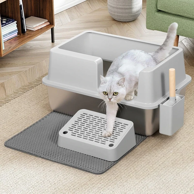 BAKAJI XXL Cat Litter Tray Semi-Open with Stainless Steel Base, 35 Litre Capacity and Anti-Sand Platform, Scoop with Container and Anti-Dirt Mat, 60 x 40 x 30 cm