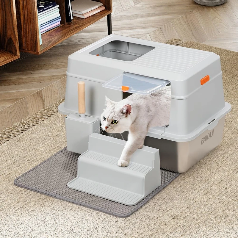 BAKAJI XXL Cat Litter Tray with Stainless Steel Base 35 Litres and Anti Sand Ladder, Transparent Flap with Lock, Scoop with Container, Anti-Dirt Mat 60 x 40 x 39 cm