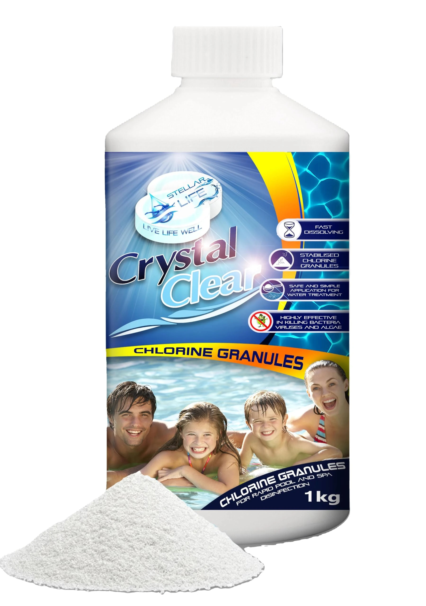 Chlorine Granules for Hot Tub Spa and Swimming Pool Water Treatment. 1kg Stabilised Quick Dissolving for Water Balance Rapid Disinfection and Cleaning.